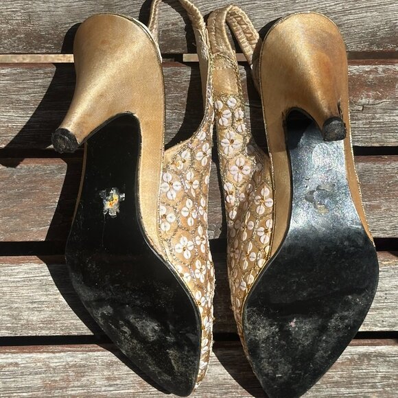 Sz 6 Hand-dyed Ecru Ballet Satin Flower Sequinned Sling-back 3" Heels - Picture 6 of 13